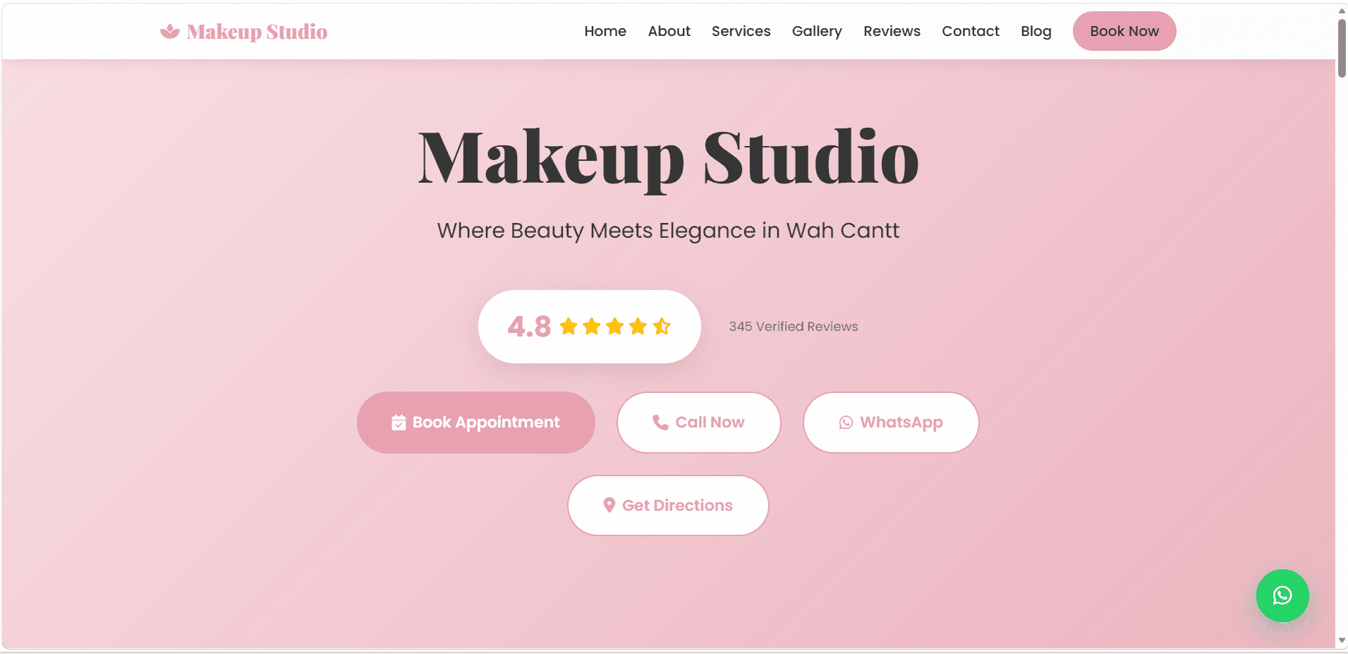 Beauty salon website homepage with elegant design, service cards, and gallery showcase for Ayanoor Makeup Studio