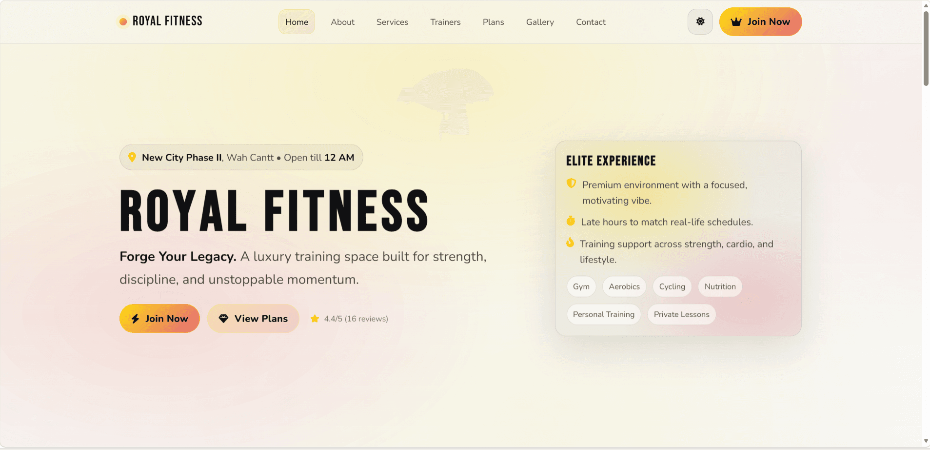 Royal Fitness Gym website showing services section with pricing plans, trainer profiles, and energetic fitness design