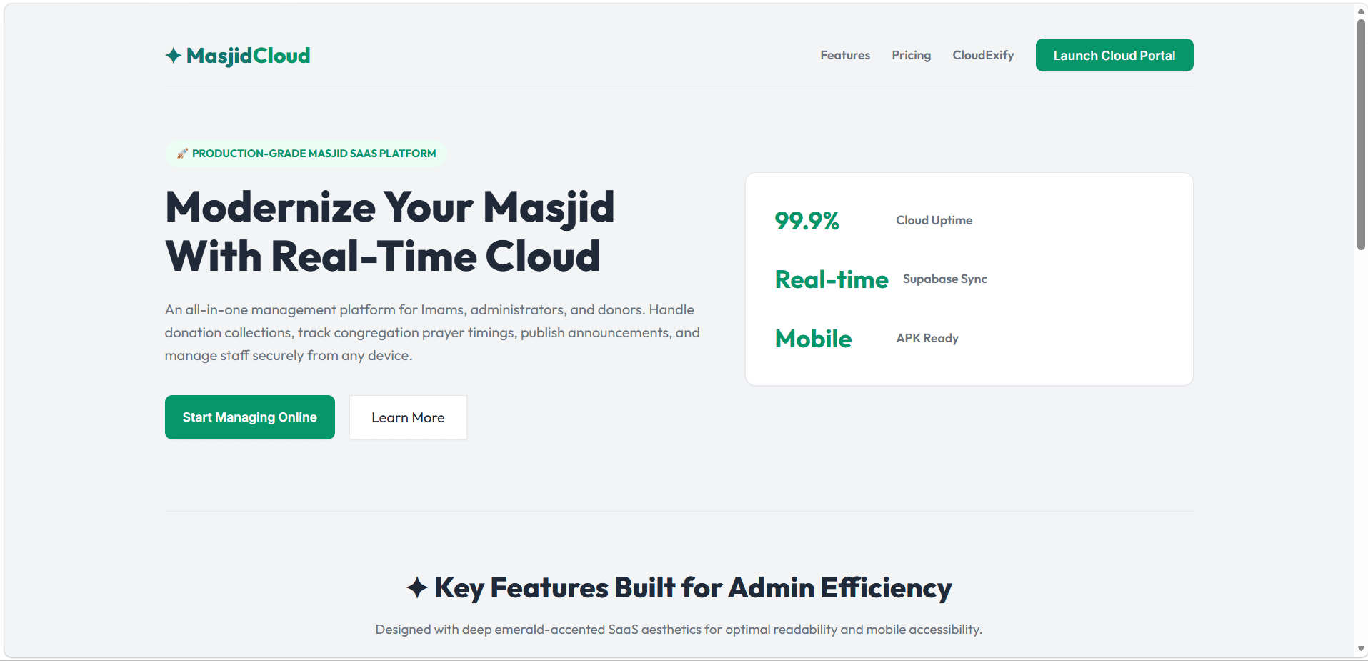 Masjid management dashboard showing prayer times, donation tracking, and community announcements interface